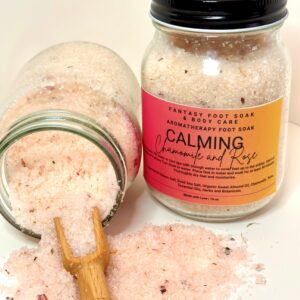 Fantasy Foot Soak & Body Care’s Aromatherapy Foot Soak blend Calming Chamomile and Rose with dried rose petals.