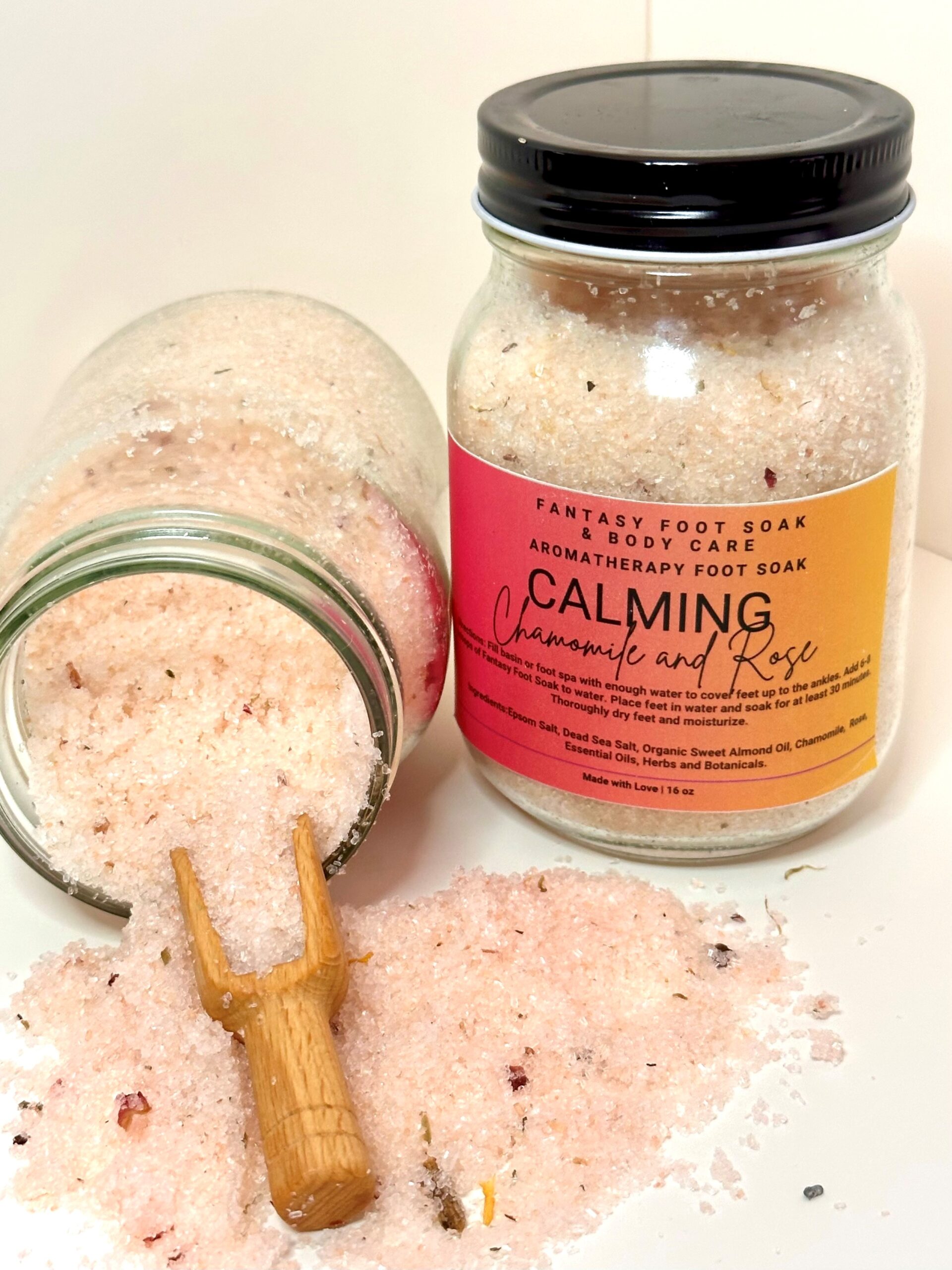 Fantasy Foot Soak & Body Care’s Aromatherapy Foot Soak blend Calming Chamomile and Rose with dried rose petals.